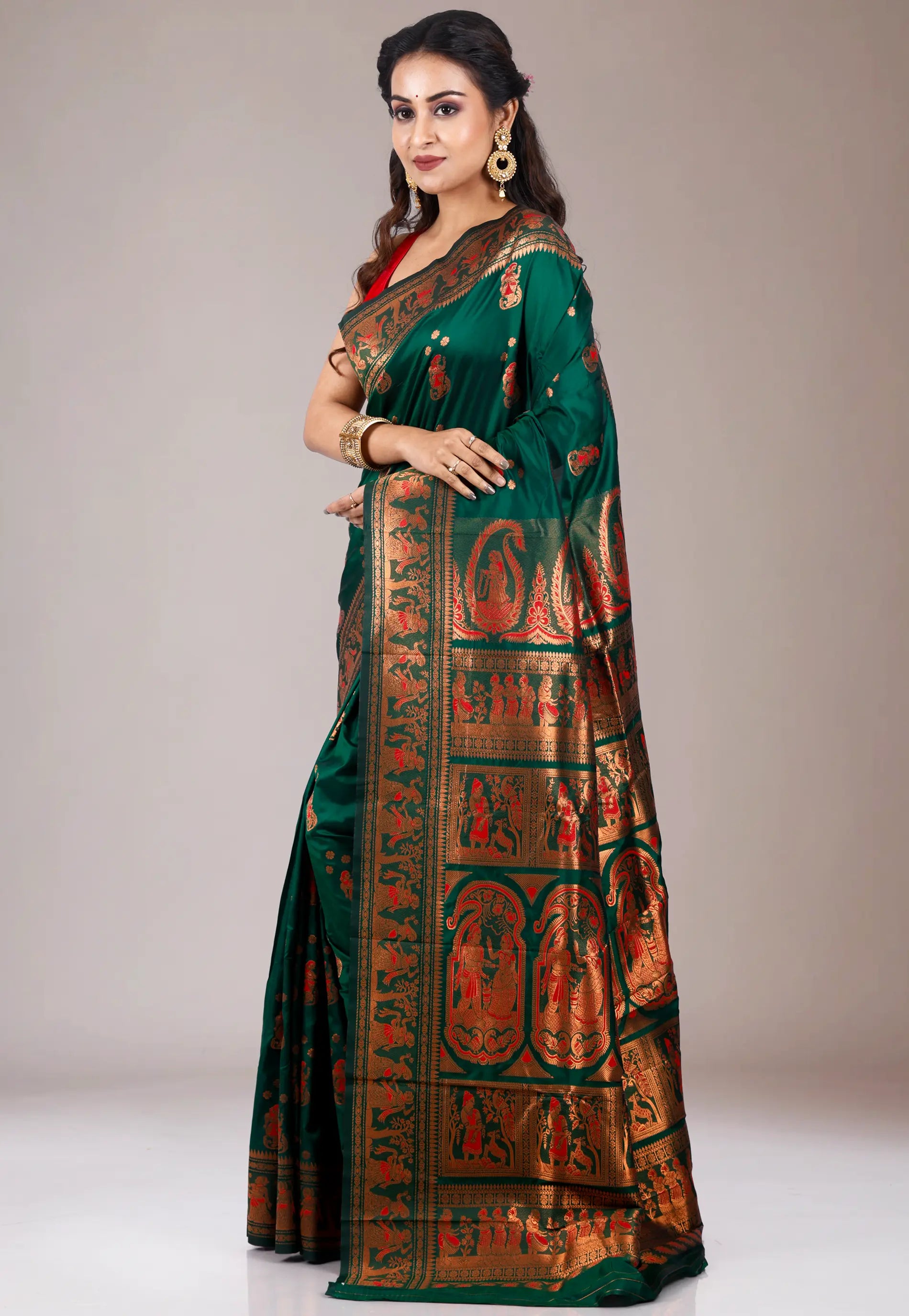 Bottle Green Baluchari Silk Saree with Blouse Piece