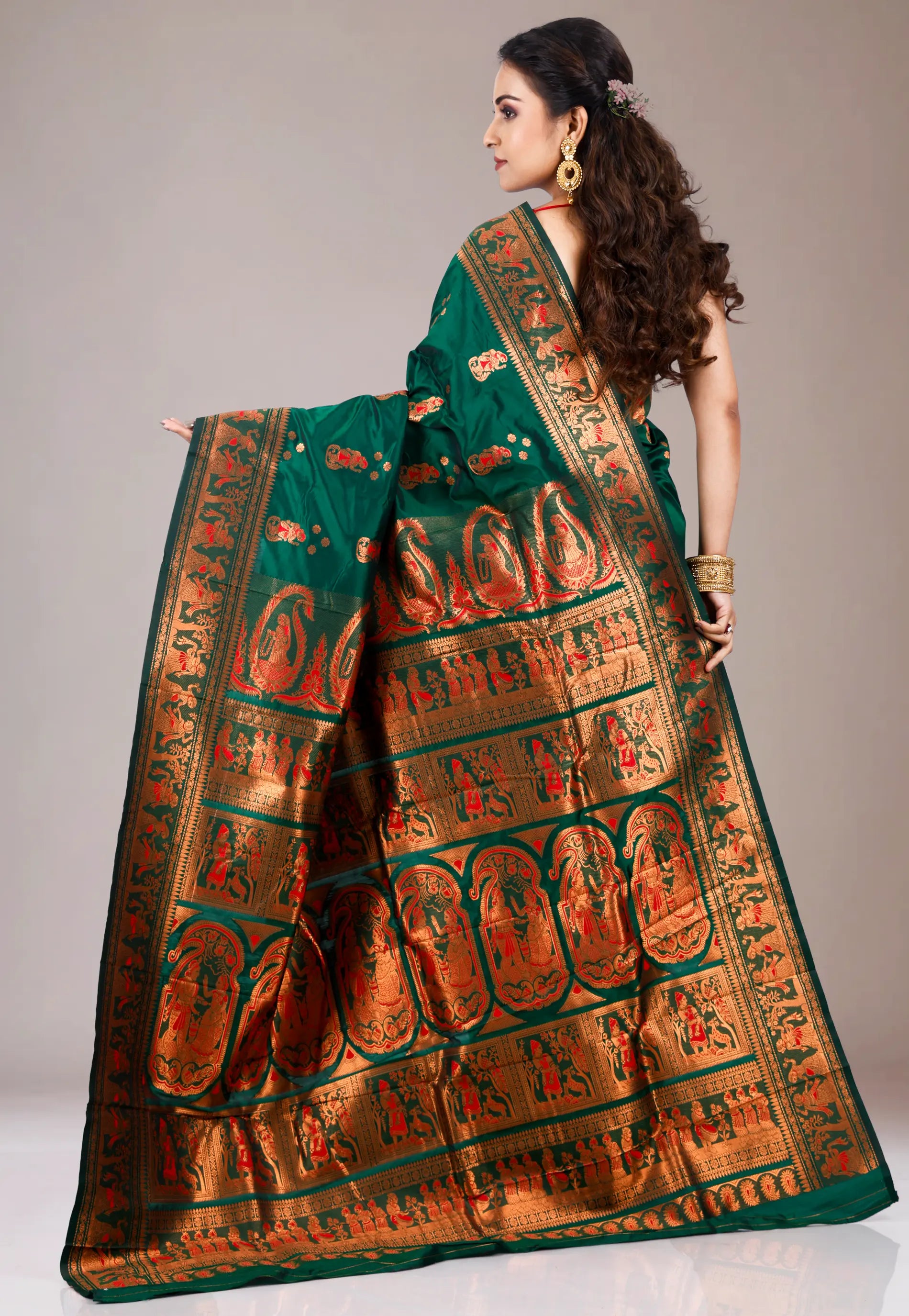 Bottle Green Baluchari Silk Saree with Blouse Piece