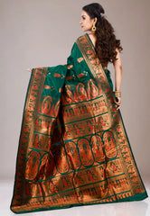 Bottle Green Baluchari Silk Saree with Blouse Piece
