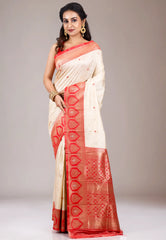 Beige with Red Border Kanjivaram Silk Saree With Blouse Piece