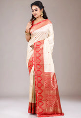 Beige with Red Border Kanjivaram Silk Saree With Blouse Piece