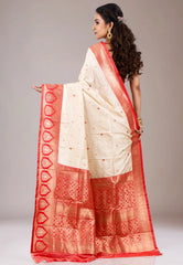 Beige with Red Border Kanjivaram Silk Saree With Blouse Piece