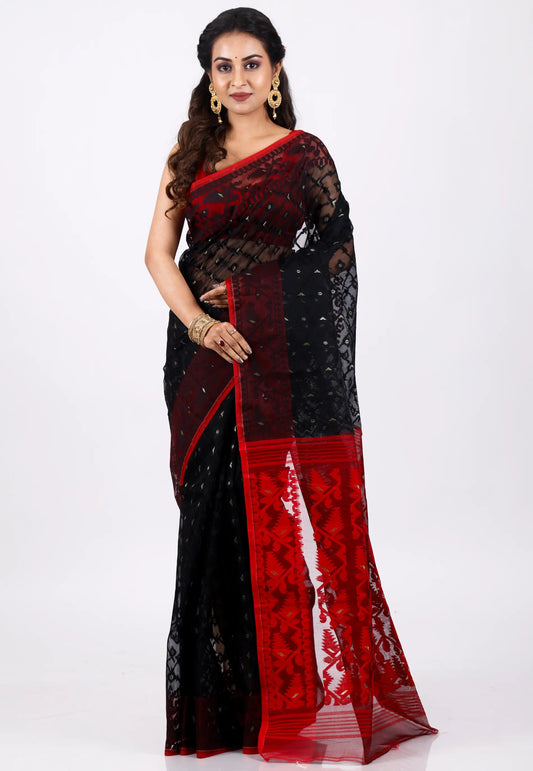 Black Dhakai Jamdani Cotton Saree without Blouse Piece