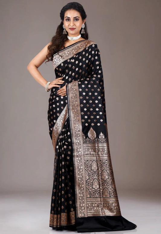 Black Wedding Banarasi Silk Saree with Blouse Piece