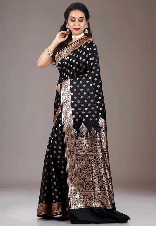 Black Wedding Banarasi Silk Saree with Blouse Piece