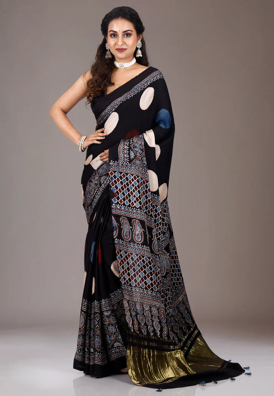 Black Ajrakh Print in Modal Silk Saree With Blouse Piece