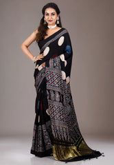 Black Ajrakh Print in Modal Silk Saree With Blouse Piece
