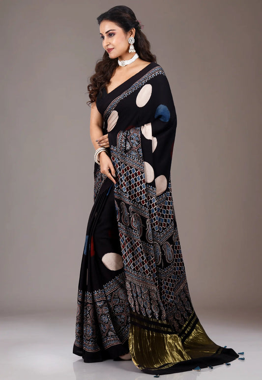 Black Ajrakh Print in Modal Silk Saree With Blouse Piece
