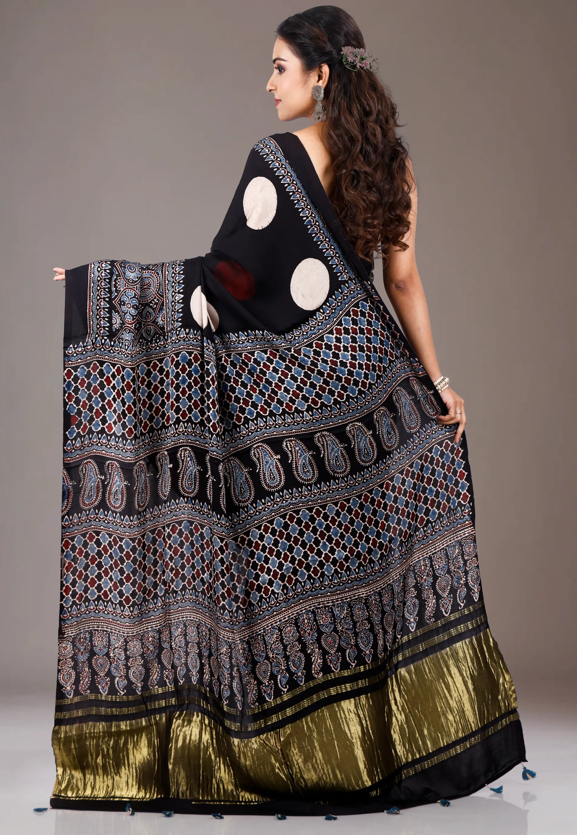 Black Ajrakh Print in Modal Silk Saree With Blouse Piece