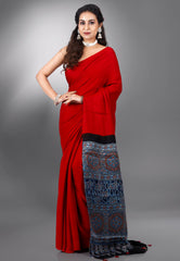 Red Ajrakh Print in Modal Silk Saree With Blouse Piece