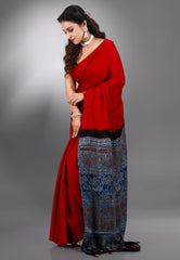 Red Ajrakh Print in Modal Silk Saree With Blouse Piece