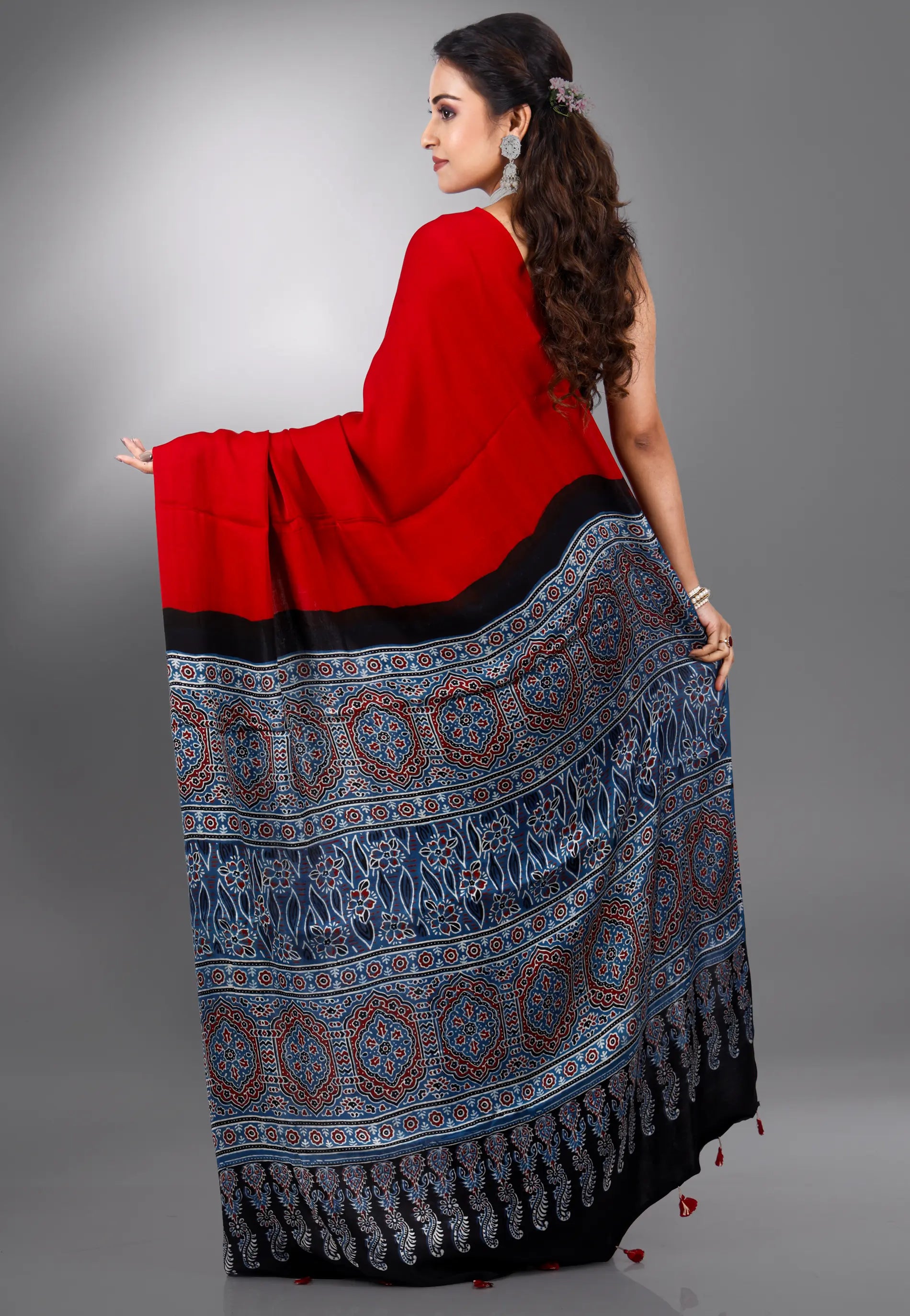 Red Ajrakh Print in Modal Silk Saree With Blouse Piece