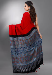 Red Ajrakh Print in Modal Silk Saree With Blouse Piece
