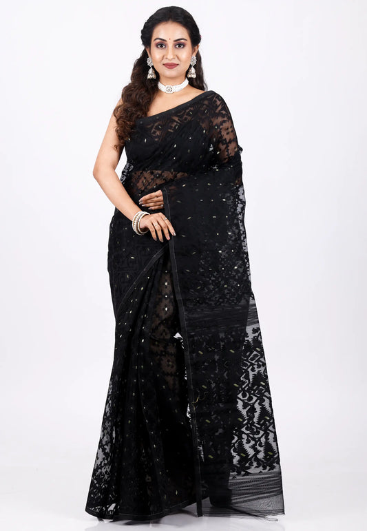 Black Dhakai Jamdani Cotton Saree without Blouse Piece