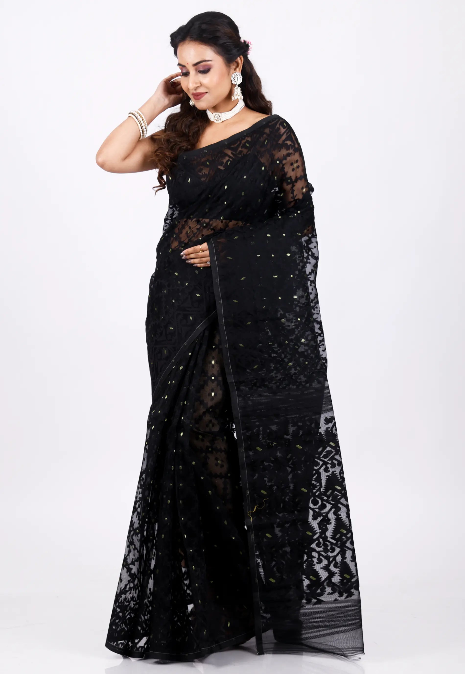 Black Dhakai Jamdani Cotton Saree without Blouse Piece