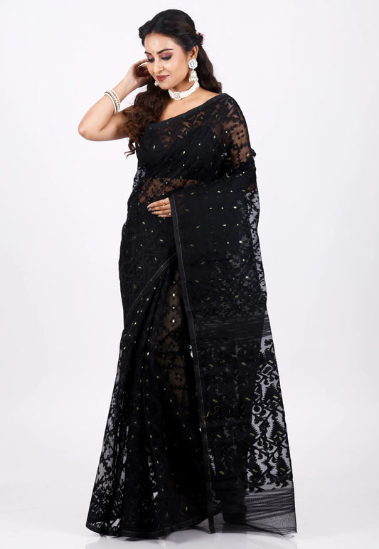 Black Dhakai Jamdani Cotton Saree without Blouse Piece