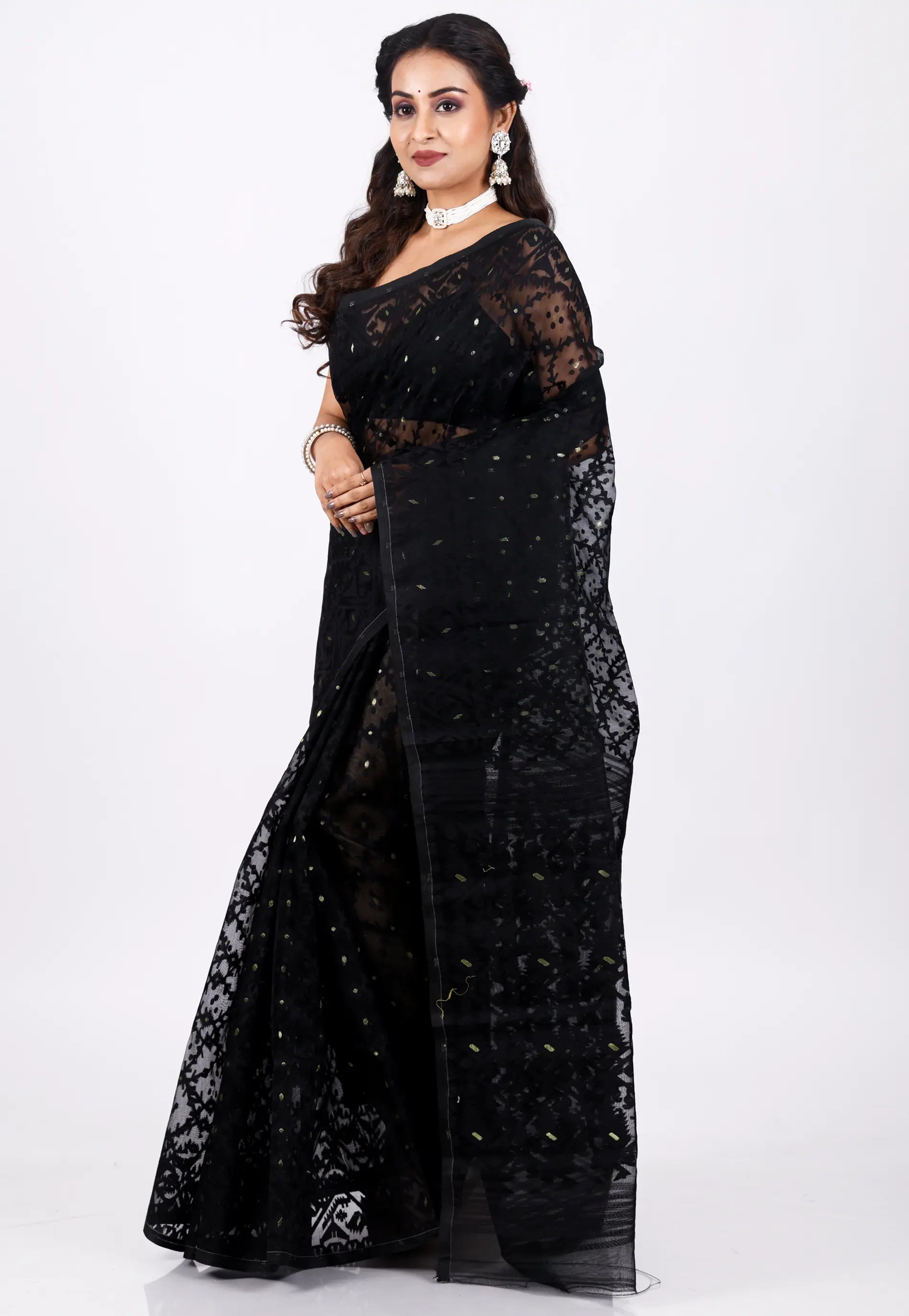 Black Dhakai Jamdani Cotton Saree without Blouse Piece