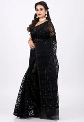 Black Dhakai Jamdani Cotton Saree without Blouse Piece