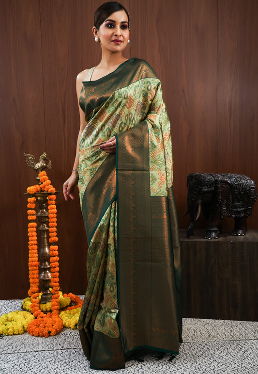 Sage Green with Bottle Green Border Saree Ikkat With Blouse Piece