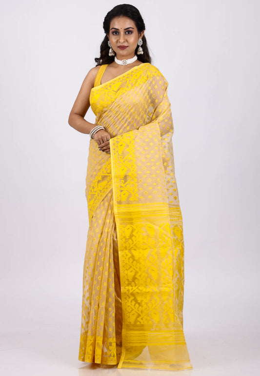 Yellow Dhakai Jamdani Cotton Saree without Blouse Piece