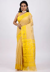 Yellow Dhakai Jamdani Cotton Saree without Blouse Piece