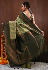 Sage Green with Bottle Green Border Saree Ikkat With Blouse Piece