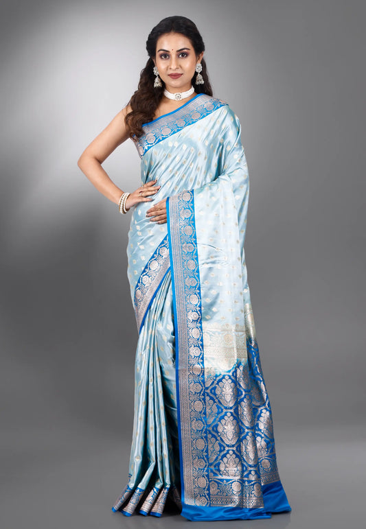 Sky Blue Pastel Benarasi Saree With Blouse Piece