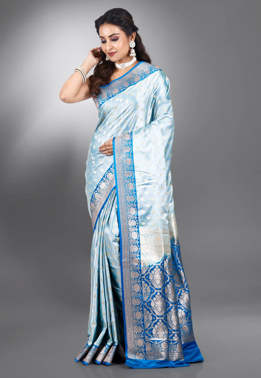 Sky Blue Pastel Benarasi Saree With Blouse Piece