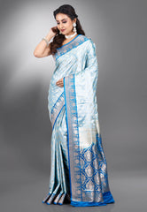 Sky Blue Pastel Benarasi Saree With Blouse Piece