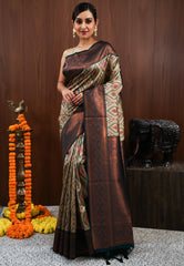 Sage Grey with Bottle Green Border Ikkat Saree With Blouse Piece