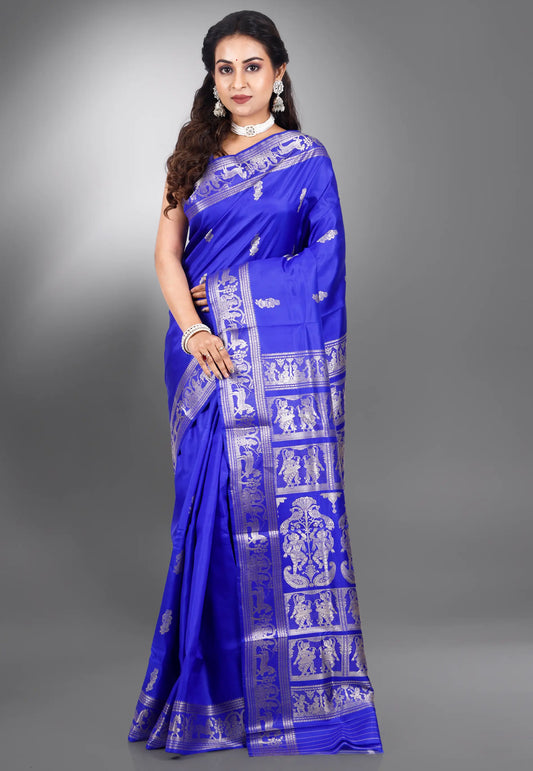 Royal Blue  Baluchari Pure Silk Saree with Blouse Piece