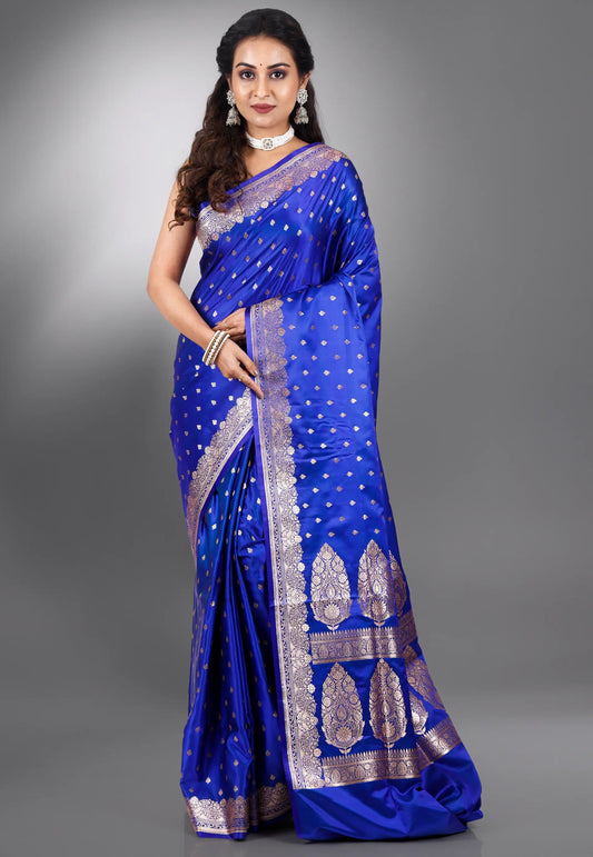 Royal Blue Wedding Banarasi Silk Saree with Blouse Piece
