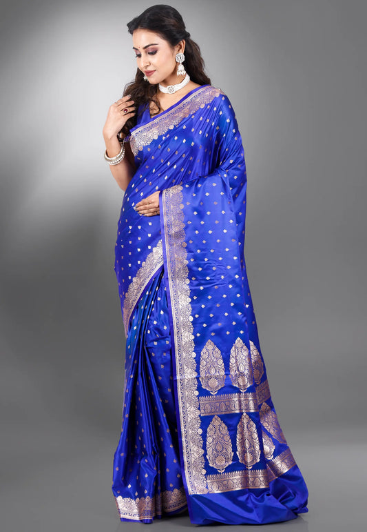 Royal Blue Wedding Banarasi Silk Saree with Blouse Piece