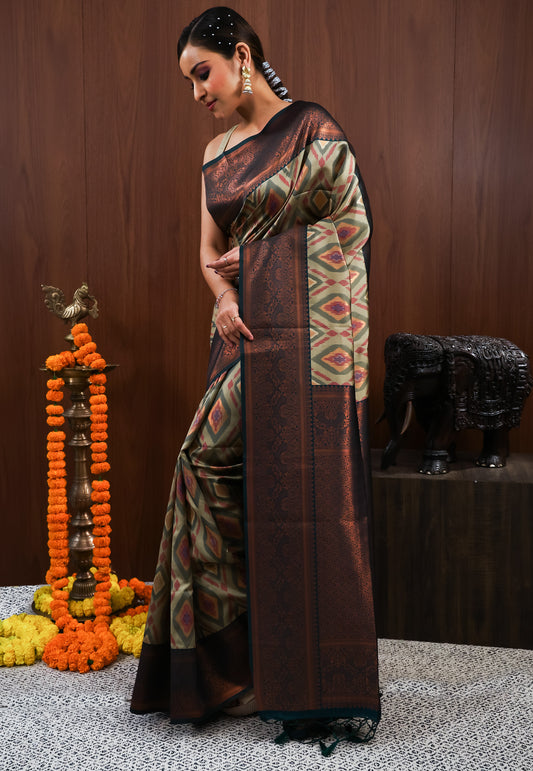 Sage Grey with Bottle Green Border Ikkat Saree With Blouse Piece