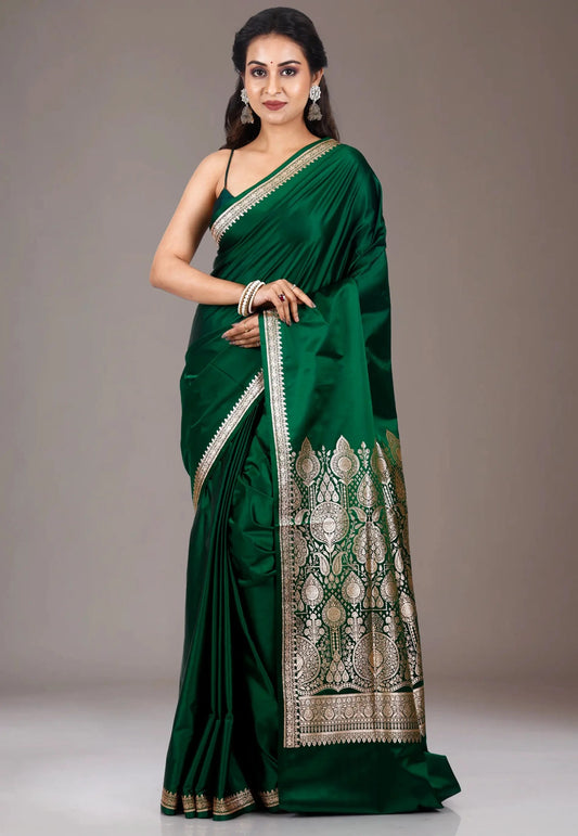 Bottle Green Wedding Banarasi Silk Saree with Blouse Piece