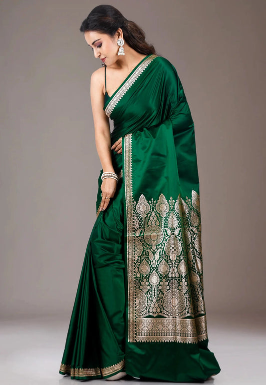 Bottle Green Wedding Banarasi Silk Saree with Blouse Piece