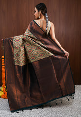 Sage Grey with Bottle Green Border Ikkat Saree With Blouse Piece