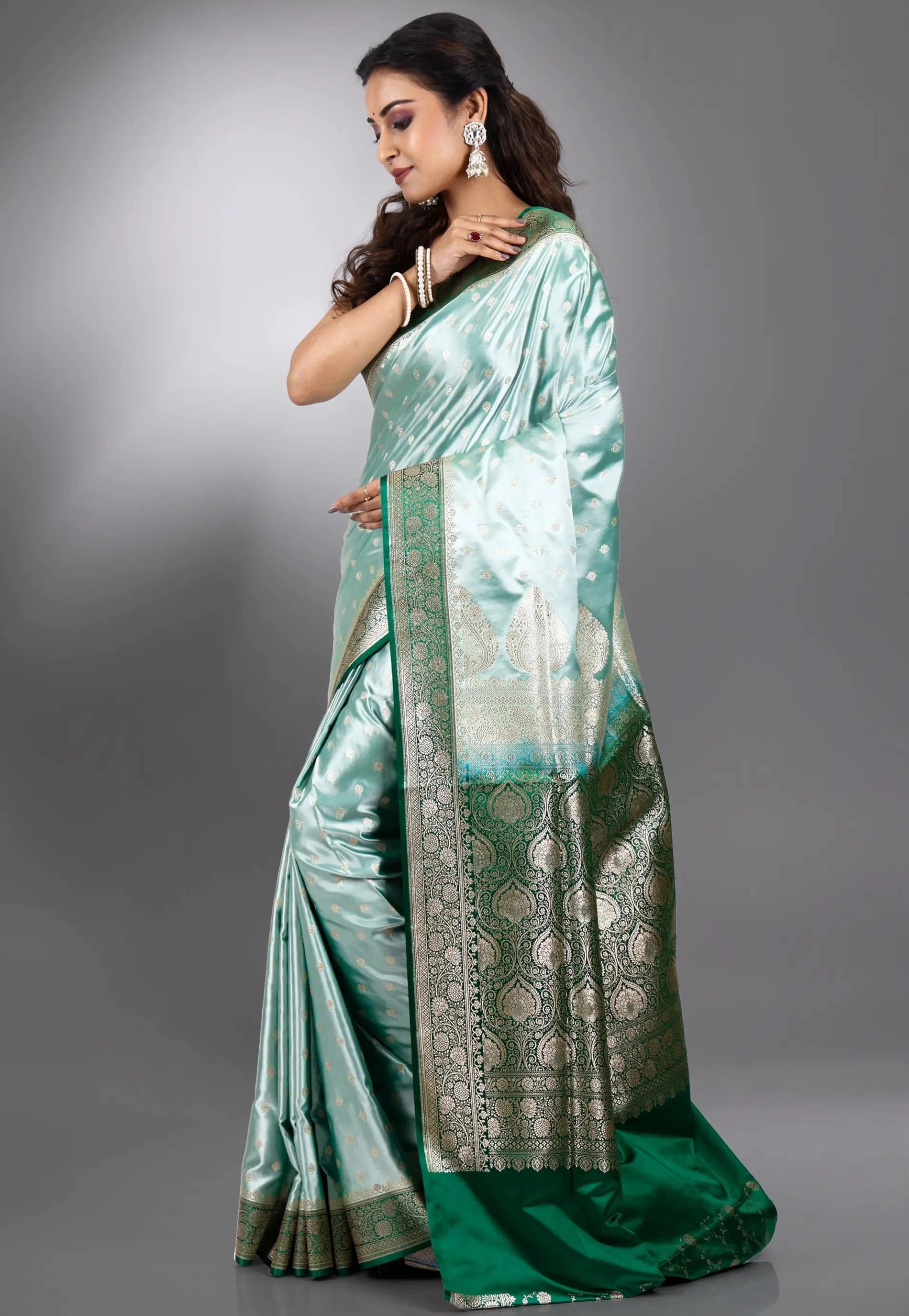Sea Green Pastel Benarasi Saree With Blouse Piece