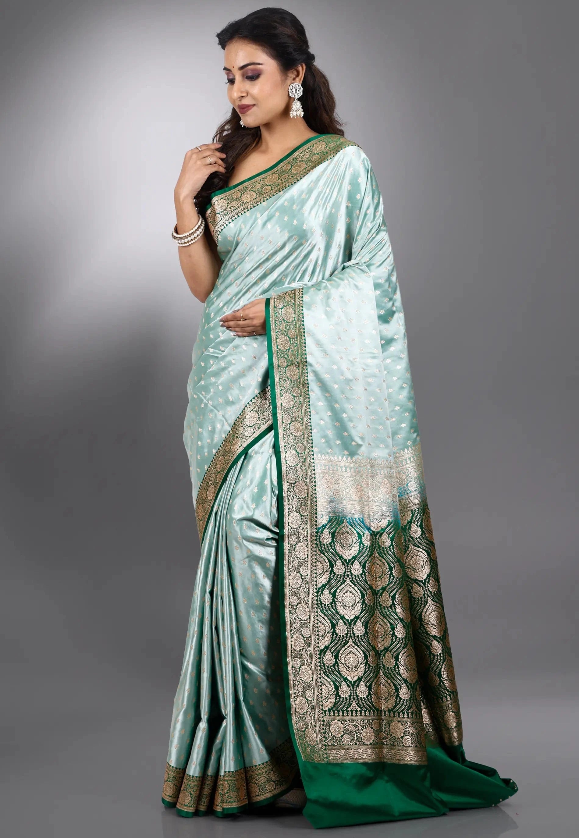Sea Green Pastel Benarasi Saree With Blouse Piece