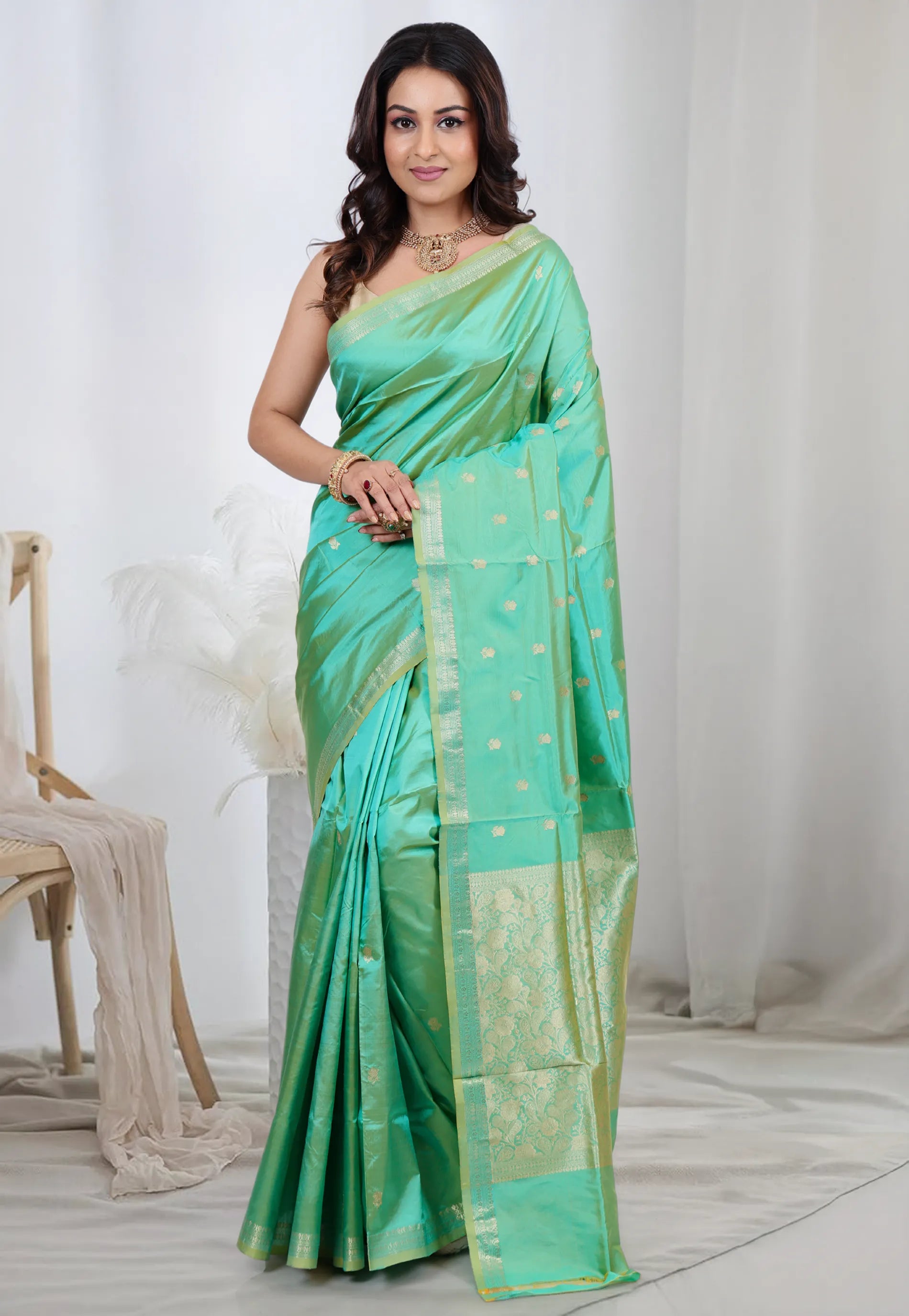 Sea Green Pure Katan Silk Saree With Blouse Piece - Adi Akshoy & Co