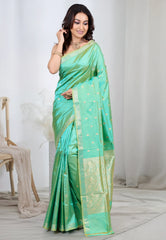 Sea Green Pure Katan Silk Saree With Blouse Piece - Adi Akshoy & Co