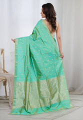 Sea Green Pure Katan Silk Saree With Blouse Piece - Adi Akshoy & Co