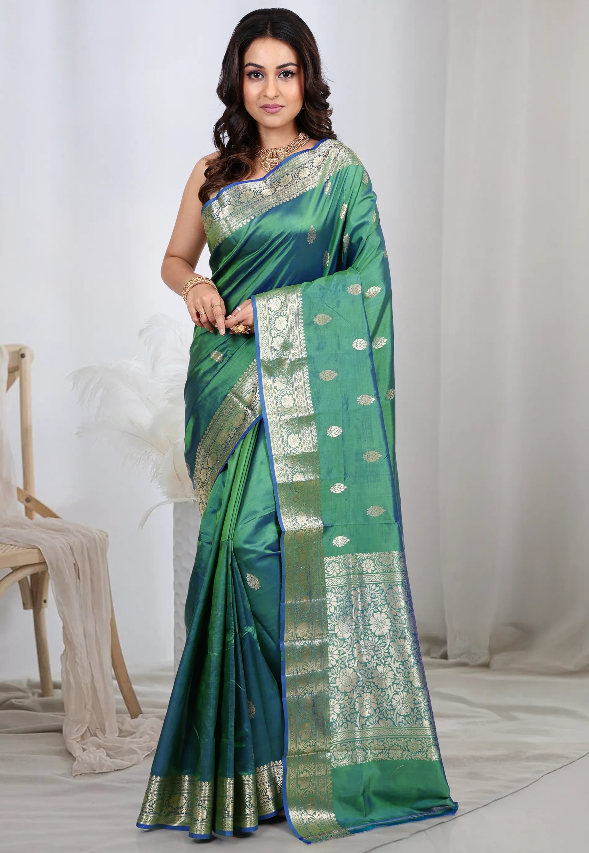 Dual Tone of Green Pure Katan Silk Saree With Blouse Piece - Adi Akshoy & Co