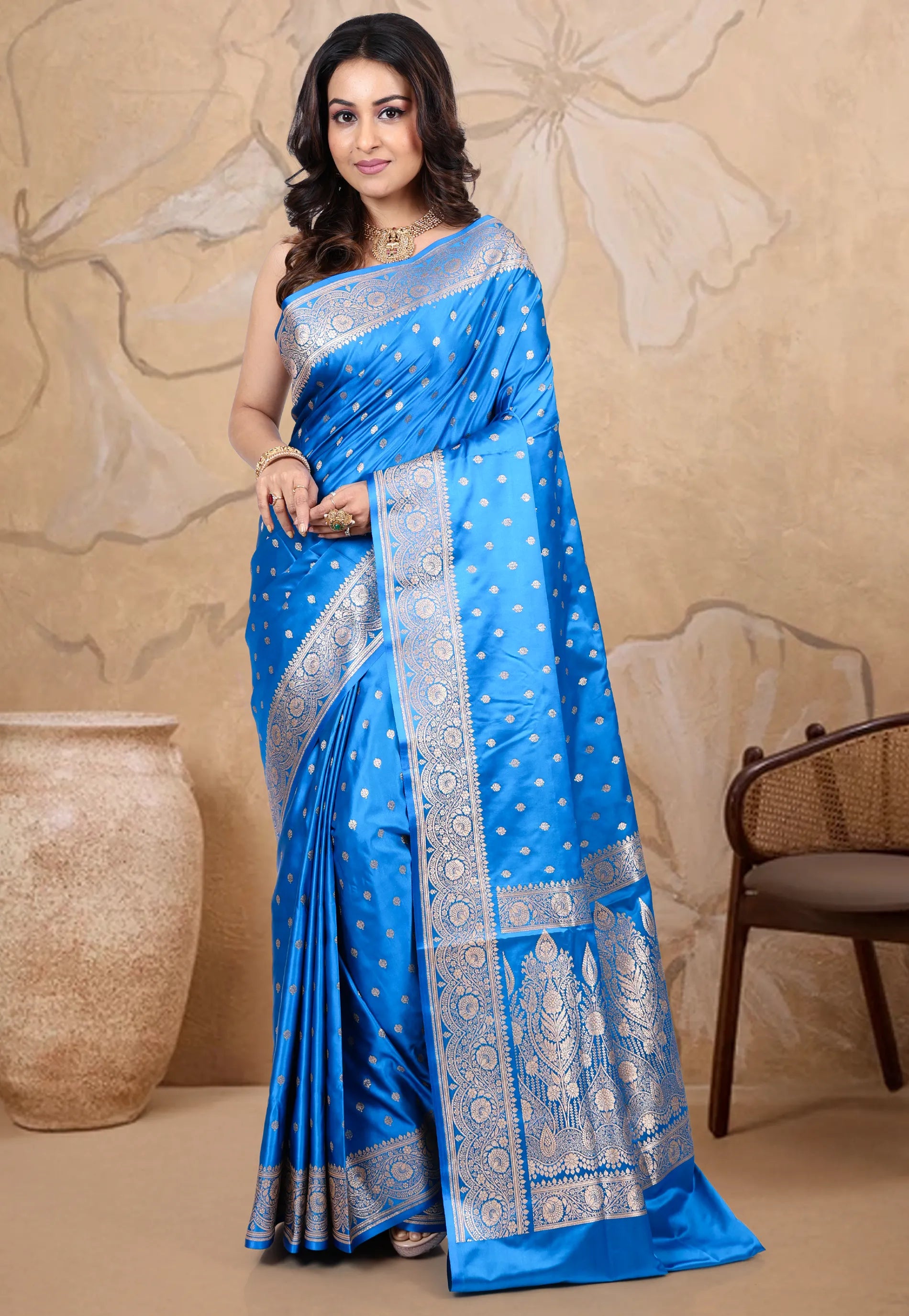Feroza Blue Wedding Banarasi Silk Saree with Blouse Piece - Adi Akshoy & co.
