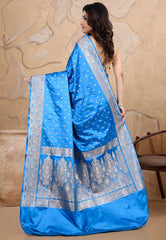 Feroza Blue Wedding Banarasi Silk Saree with Blouse Piece - Adi Akshoy & co.