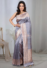 Mauve Pure Tussar Silk with Golden Border with Blouse Piece - Adi Akshoy & Co