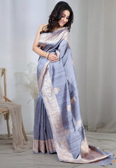 Mauve Pure Tussar Silk with Golden Border with Blouse Piece - Adi Akshoy & Co