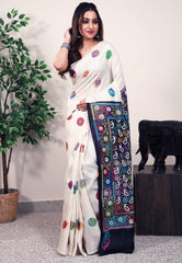 Off White Pure Silk Kantha Saree With Blouse Piece