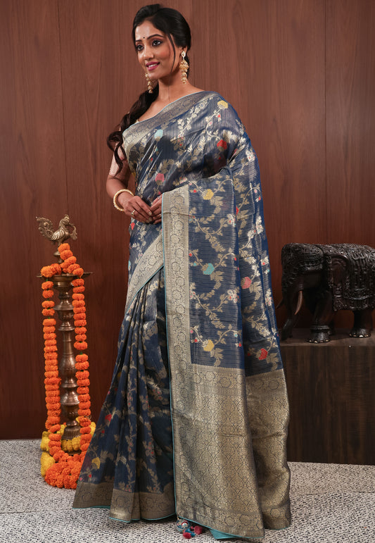 Blue Minakari Tissue Silk Saree with Blouse Piece