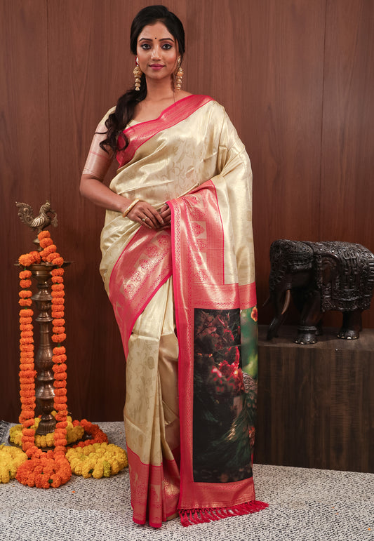 Golden with Rani Pink Border Tissue Silk Saree with Blouse Piece